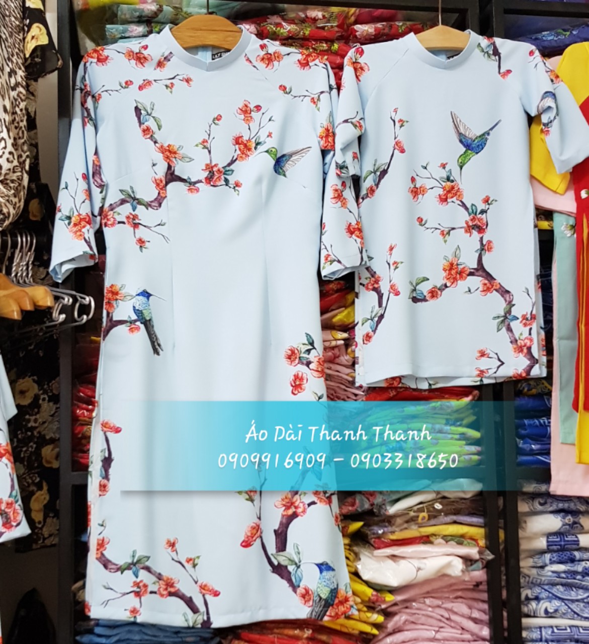 Áo Dài In Hoa Đào Mẹ Và Bé